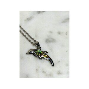 Dolphin Pendant Necklace With Abalone Inlay On Silver Chain